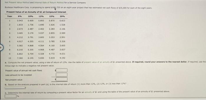 Net Value Method And Internal Rate Of Burn Method For A Service Commany Buckeye Healthcare Corp Is Proposing To Spend 1 1