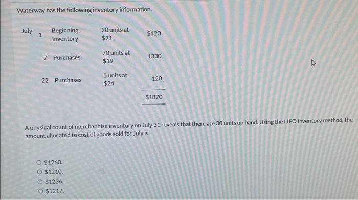 Waterway Has The Following Inventory Information July 1 Beginning Inventory 20 Units At 21 420 7 Purchases 1330 70 Un 1