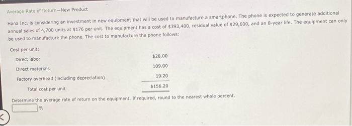 Average Rate Of Return New Product Hana Inc Is Considering An Investment In New Equipment That Will Be Used To Manufact 1