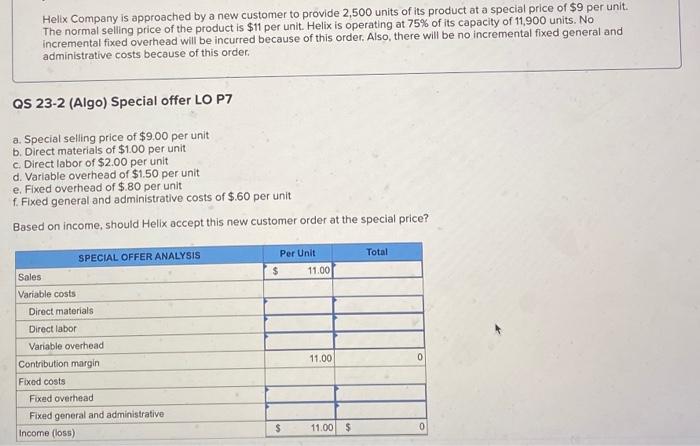 Helix Company Is Approached By A New Customer To Provide 2 500 Units Of Its Product At A Special Price Of 9 Per Unit T 1