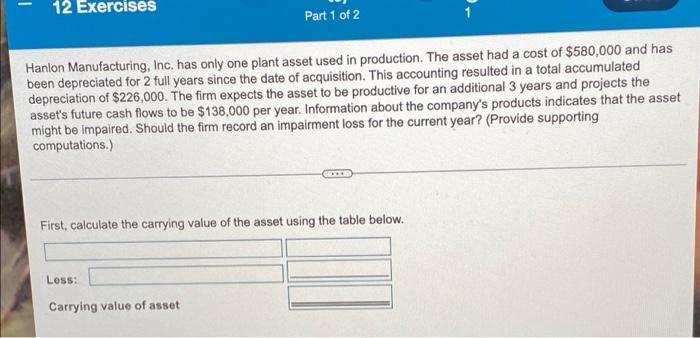 12 Exercises Part 1 Of 2 Hanlon Manufacturing Inc Has Only One Plant Asset Used In Production The Asset Had A Cost Of 1
