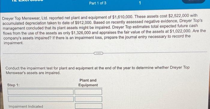 Part 1 Of 3 1 Dreyer Top Menswear Ltd Reported Net Plant And Equipment Of 1 610 000 These Assets Cost 2 522 000 Wit 1