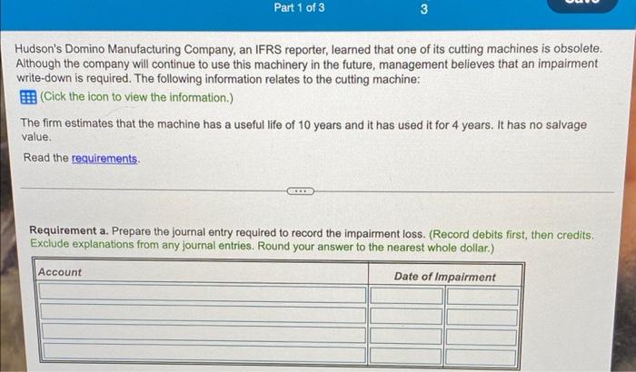 Part 1 Of 3 3 Hudson S Domino Manufacturing Company An Ifrs Reporter Learned That One Of Its Cutting Machines Is Obsol 1