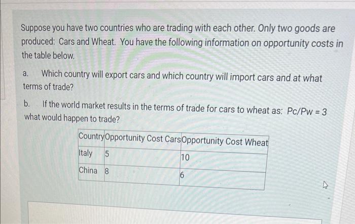 Suppose You Have Two Countries Who Are Trading With Each Other Only Two Goods Are Produced Cars And Wheat You Have Th 1