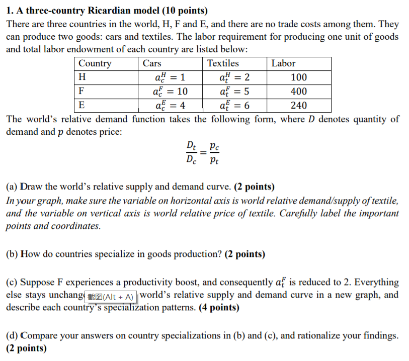 Af 2 1 A Three Country Ricardian Model 10 Points There Are Three Countries In The World H F And E And There Are 1