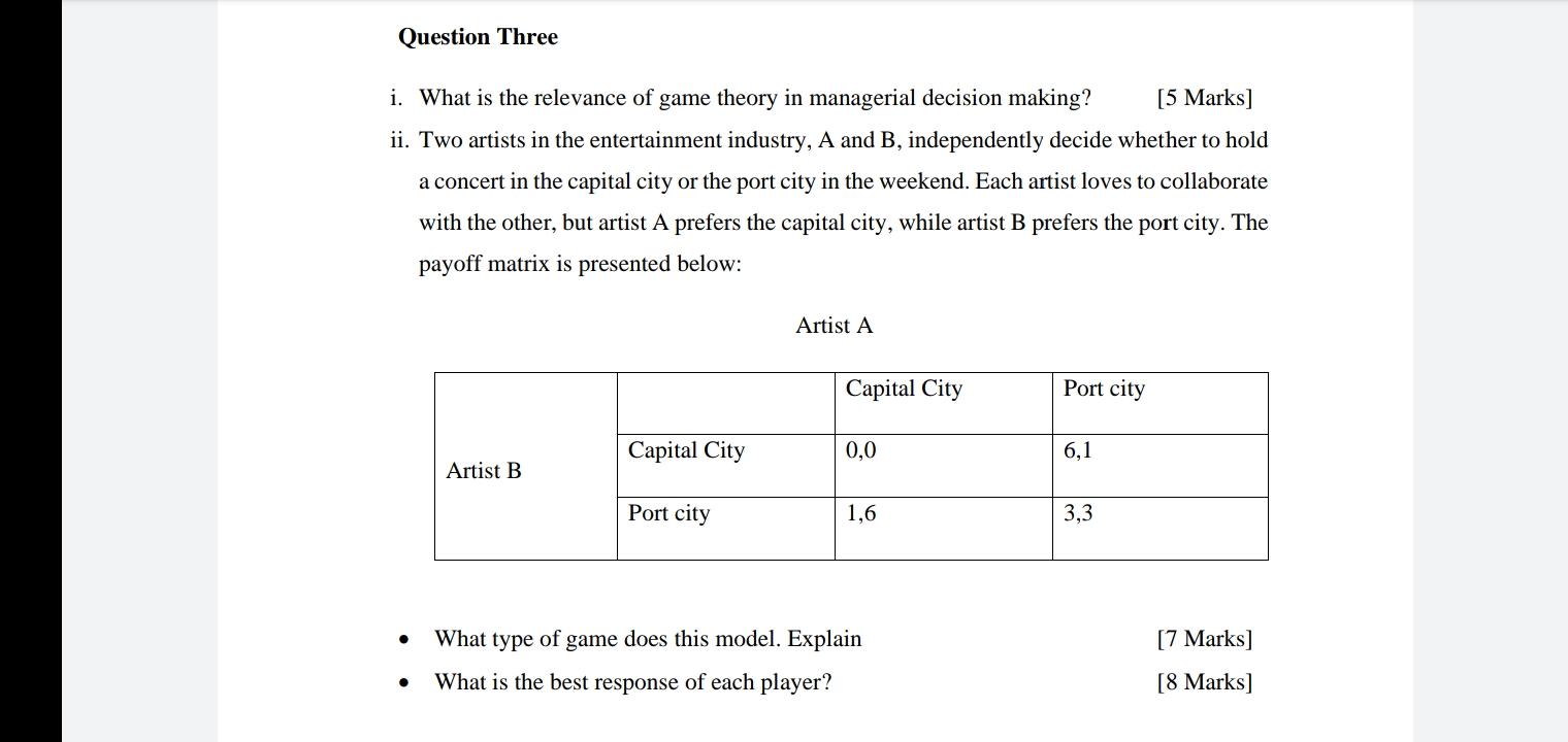 Question Three I What Is The Relevance Of Game Theory In Managerial Decision Making 5 Marks Ii Two Artists In The E 1