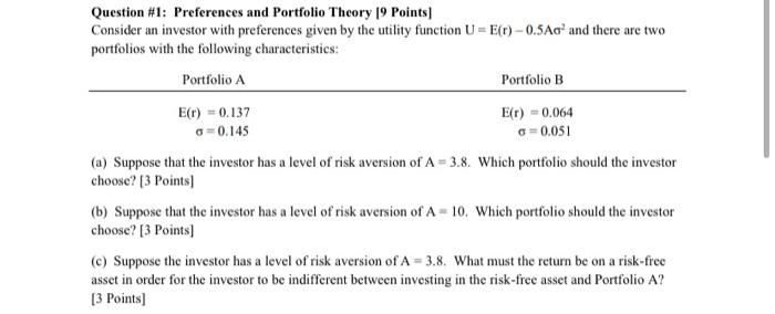 Question 1 Preferences And Portfolio Theory 19 Points Consider An Investor With Preferences Given By The Utility Funct 1