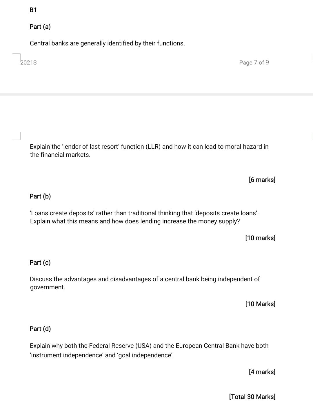 B1 Part A Central Banks Are Generally Identified By Their Functions 20215 Page 7 Of 9 Explain The Lender Of Last Res 1