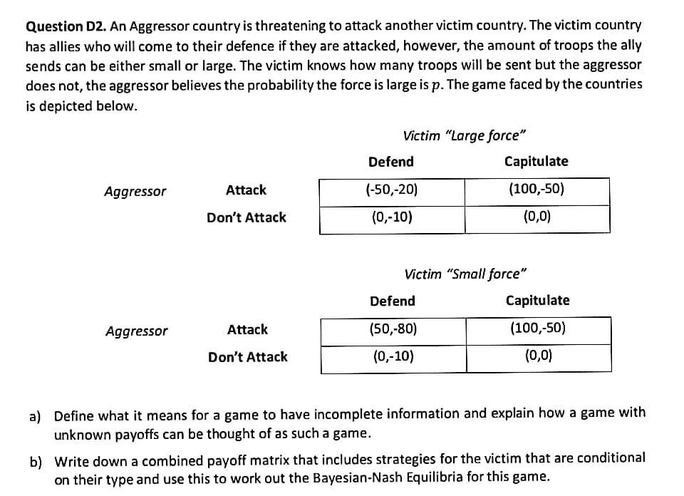 Question D2 An Aggressor Country Is Threatening To Attack Another Victim Country The Victim Country Has Allies Who Wil 1