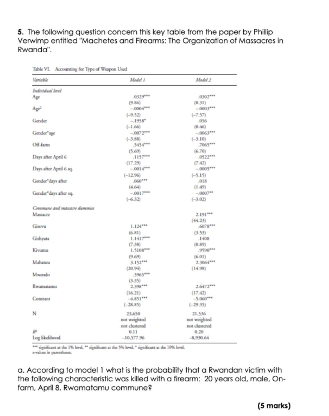 5 The Following Question Concern This Key Table From The Paper By Phillip Verwimp Entitled Machetes And Firearms The 1