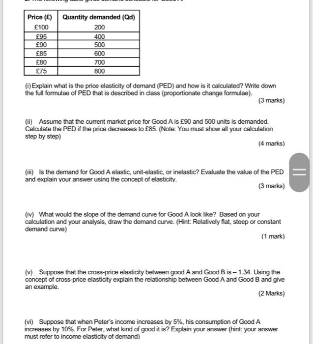 400 500 Price Quantity Demanded Qd 100 200 95 90 85 600 80 700 75 1 Explain What Is The Price Elasticity O 1