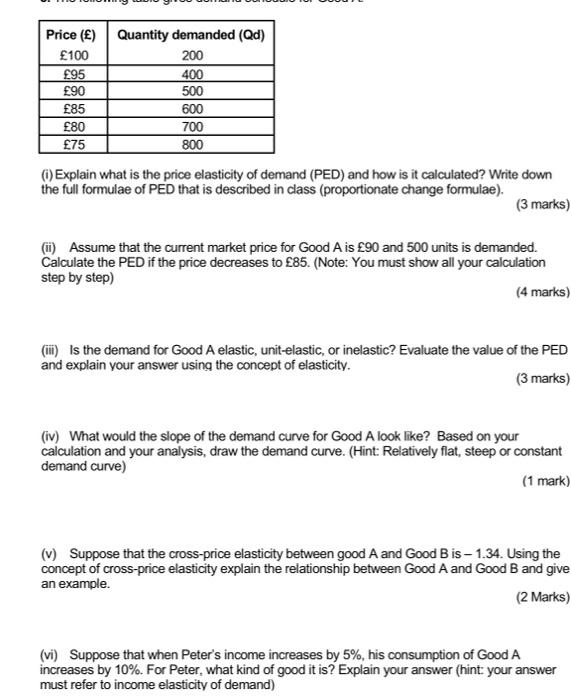 Price E Quantity Demanded Qd 100 200 95 400 90 500 85 600 80 700 75 800 1 Explain What Is The Price Elastici 1