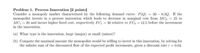 Problem 1 Process Innovation 2 Points Consider A Monopoly Market Characterized By The Following Demand Curve P Q 3 1