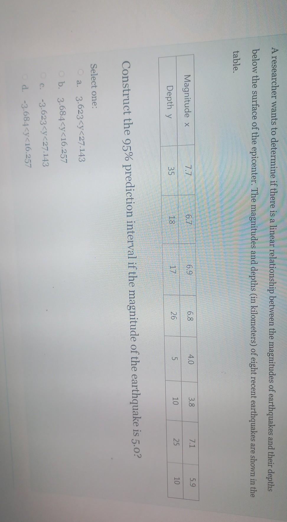 A Researcher Wants To Determine If There Is A Linear Relationship Between The Magnitudes Of Earthquakes And Their Depths 1