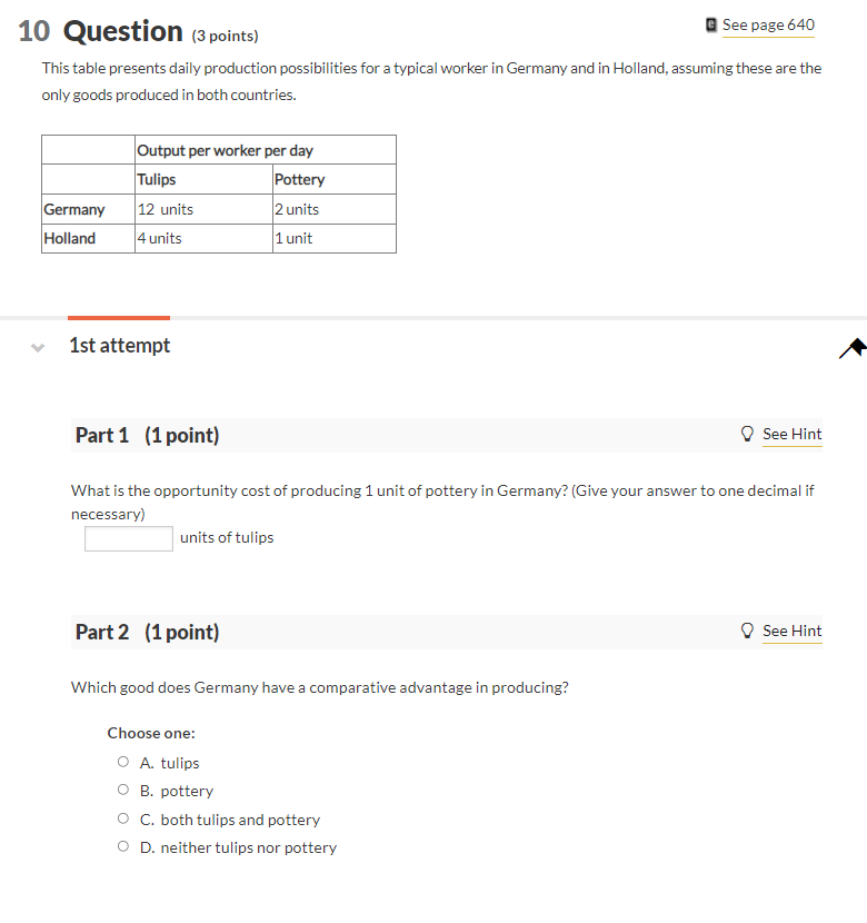 10 Question 3 Points See Page 640 This Table Presents Daily Production Possibilities For A Typical Worker In Germany A 1