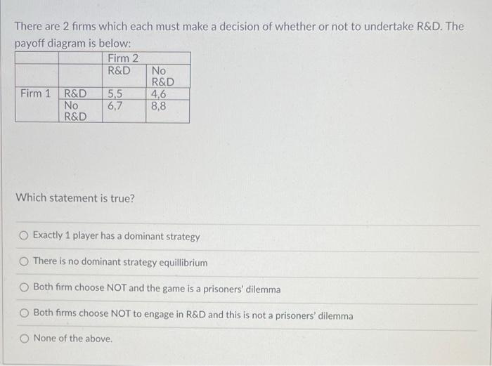 There Are 2 Firms Which Each Must Make A Decision Of Whether Or Not To Undertake R D The Payoff Diagram Is Below Firm 1