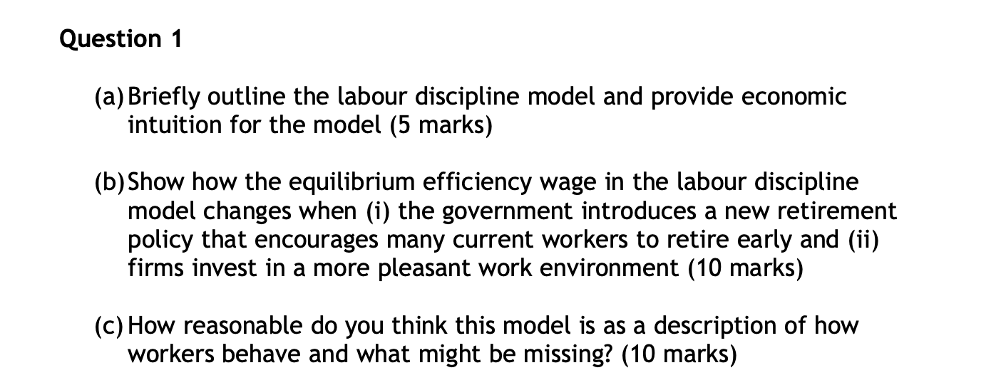 Question 1 A Briefly Outline The Labour Discipline Model And Provide Economic Intuition For The Model 5 Marks B Sh 1