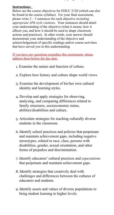 Instructions Below Are The Course Objectives For Educ 2120 Which Can Also Be Found In The Course Syllabus For Your F 1