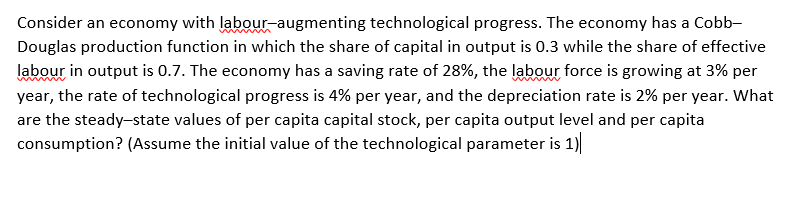 Consider An Economy With Labour Augmenting Technological Progress The Economy Has A Cobb Douglas Production Function I 1