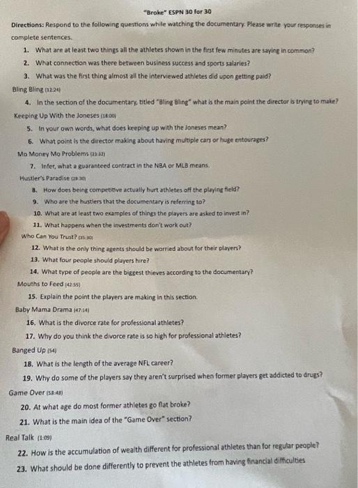 Broke Espn 30 For 30 Directions Respond To The Following Questions While Watching The Documentary Please Write Your 1