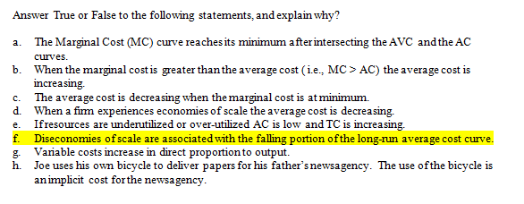 A Curves B Answer True Or False To The Following Statements And Explain Why The Marginal Cost Mc Curve Reaches It 1