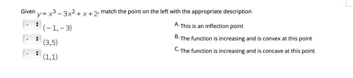 Given Y X3 3x2 X 2 Match The Point On The Left With The Appropriate Description 1 3 A This Is An Inflection 1