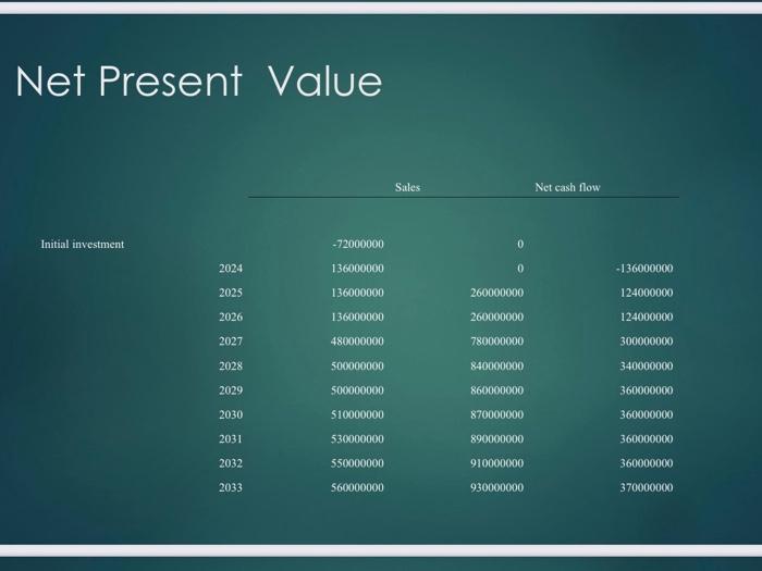 Net Present Value Sales Net Cash Flow Initial Investment 0 72000000 136000000 2024 136000000 2025 136000000 260000000 1