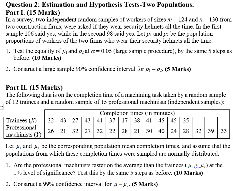 Question 2 Estimation And Hypothesis Tests Two Populations Part I 15 Marks In A Survey Two Independent Random Samp 1