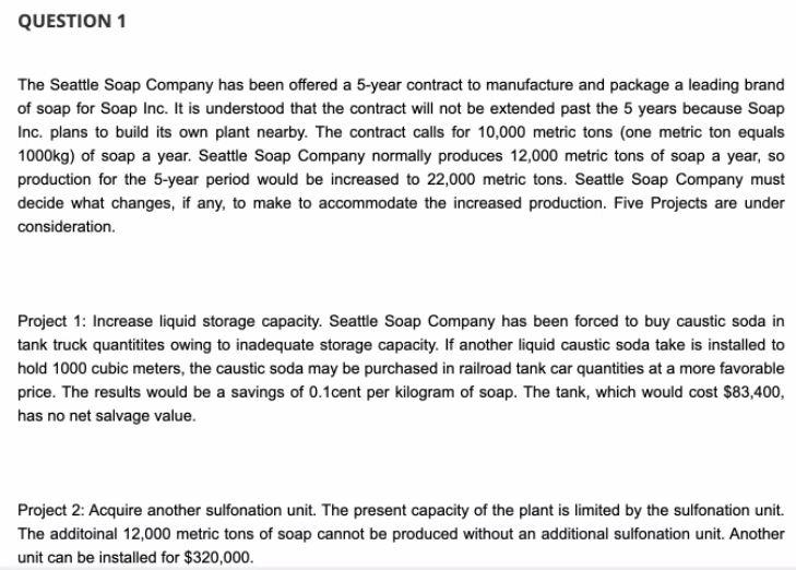 Question 1 The Seattle Soap Company Has Been Offered A 5 Year Contract To Manufacture And Package A Leading Brand Of Soa 1