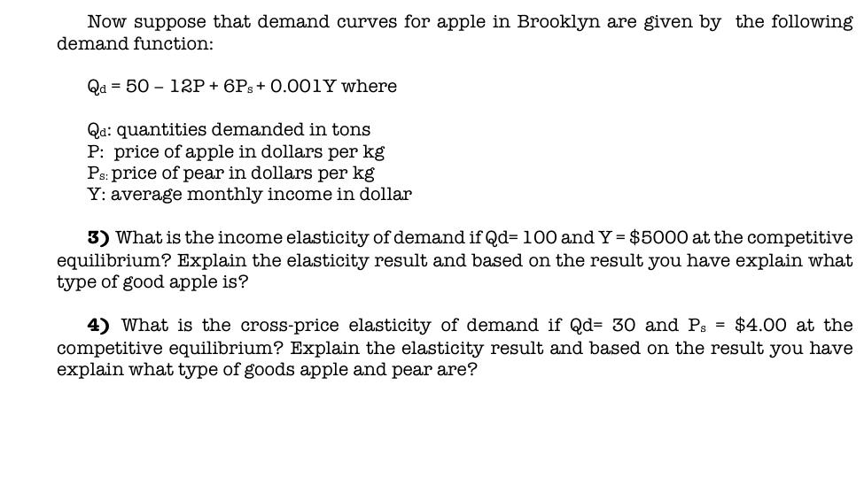 Now Suppose That Demand Curves For Apple In Brooklyn Are Given By The Following Demand Function Qa 50 12p 6ps 0 00 1