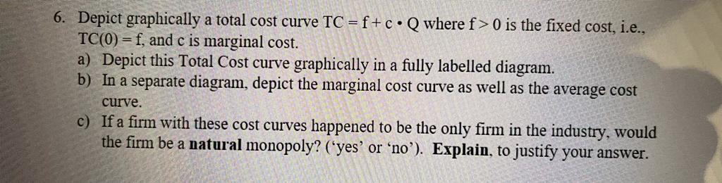 6 Depict Graphically A Total Cost Curve Tc F C Q Where F 0 Is The Fixed Cost I E Tc 0 F And C Is Marginal Cos 1