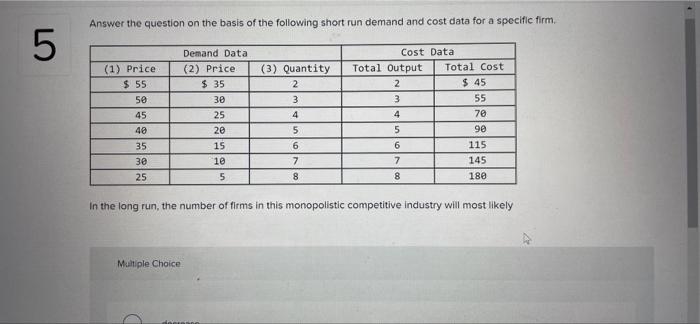 Answer The Question On The Basis Of The Following Short Run Demand And Cost Data For A Specific Firm 5 Demand Data 2 1