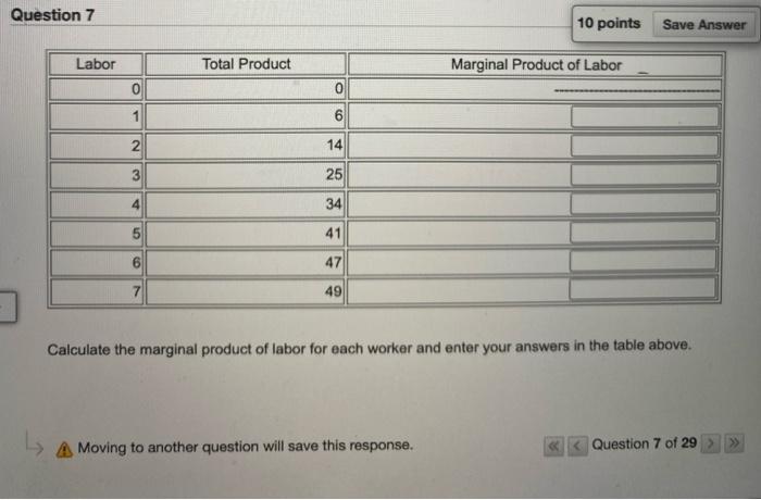 Question 7 10 Points Save Answer Labor Total Product Marginal Product Of Labor 0 0 1 6 N 2 14 3 25 34 4 4 5 41 6 47 7 49 1