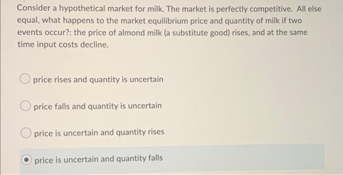 Consider A Hypothetical Market For Milk The Market Is Perfectly Competitive All Else Equal What Happens To The Market 1