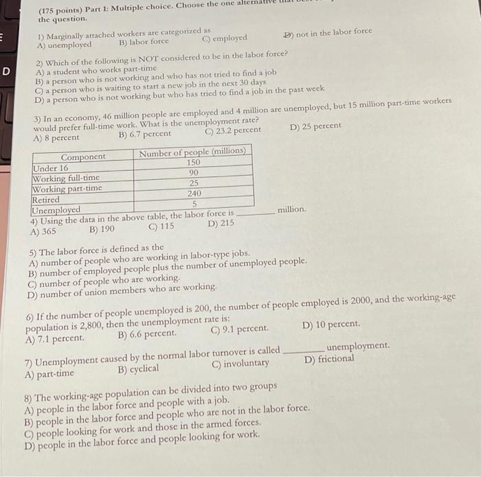 B 6 7 175 Points Part 1 Multiple Choice Choose The One Alterna The Question E 1 Marginally Attached Workers Are C 1