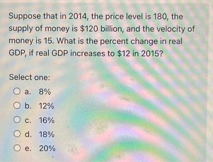 Suppose That In 2014 The Price Level Is 180 The Supply Of Money Is 120 Billion And The Velocity Of Money Is 15 What 1