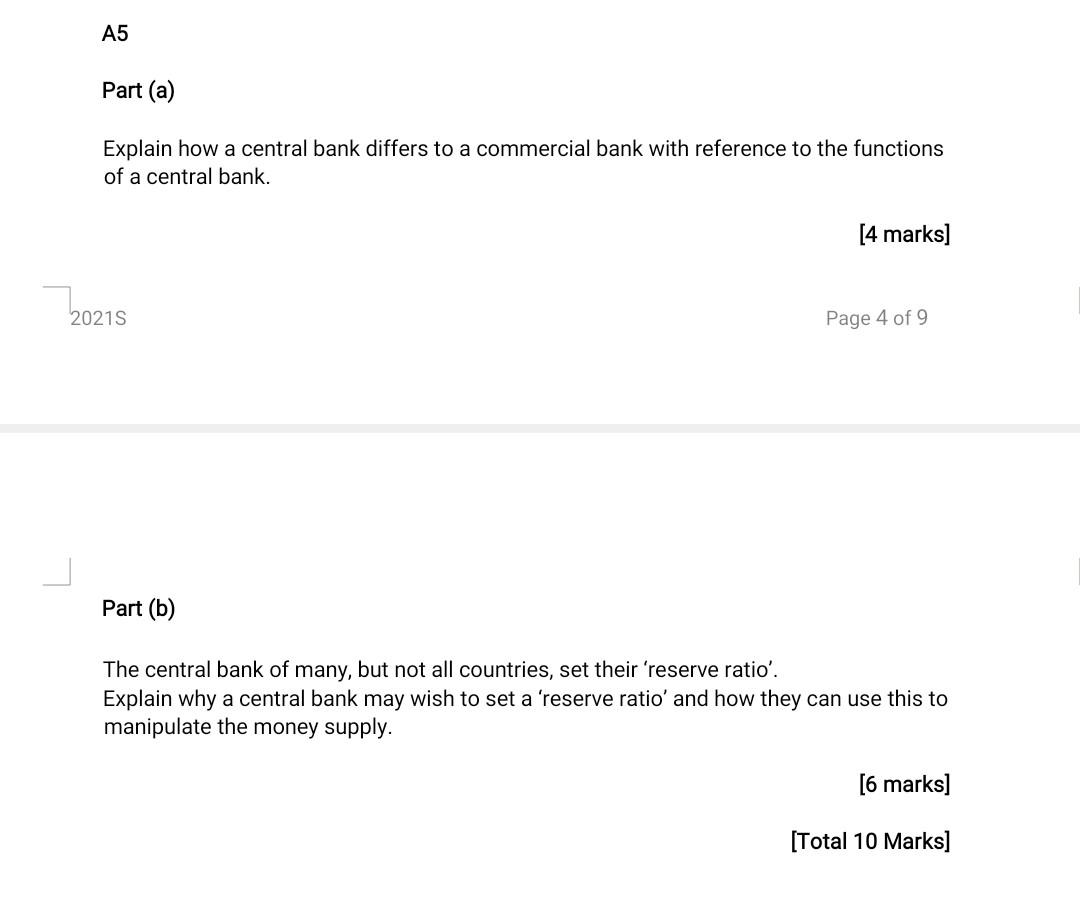 A5 Part A Explain How A Central Bank Differs To A Commercial Bank With Reference To The Functions Of A Central Bank 4 1