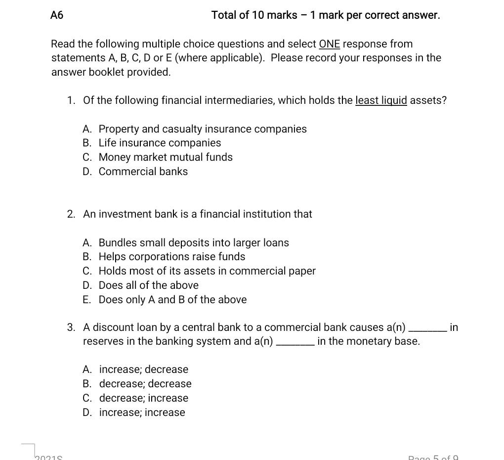 A6 Total Of 10 Marks 1 Mark Per Correct Answer Read The Following Multiple Choice Questions And Select One Response F 1