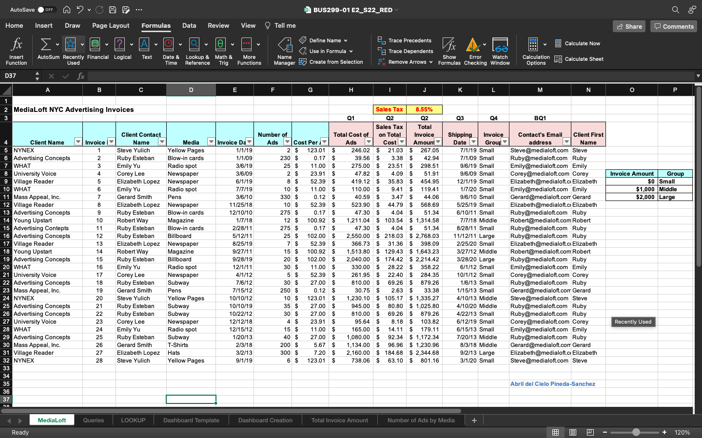 Urgent Bus299 Excel Assignment 1 Calculate The Total Cost Of Ads For Each Invoice In The Column Total Cost Of Ad 1