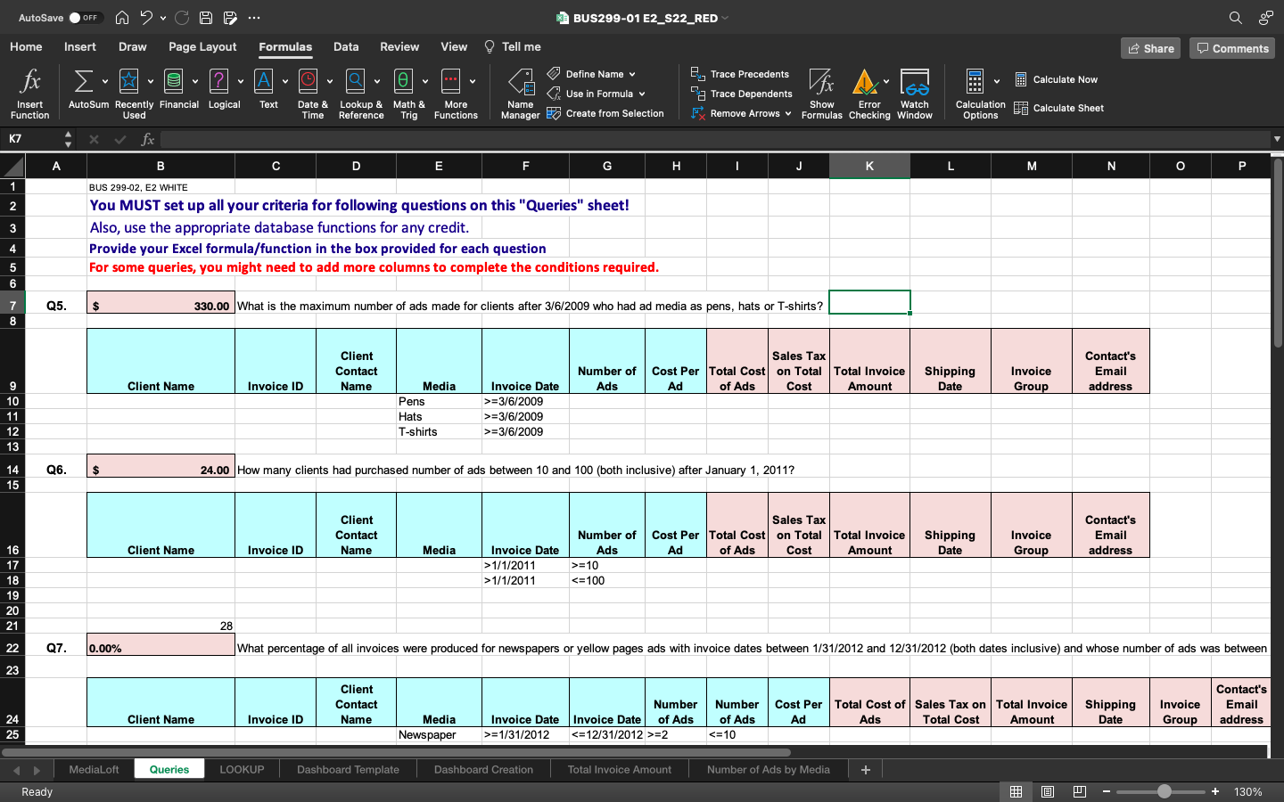 Urgent Bus299 Excel Assignment 1 Calculate The Total Cost Of Ads For Each Invoice In The Column Total Cost Of Ad 2