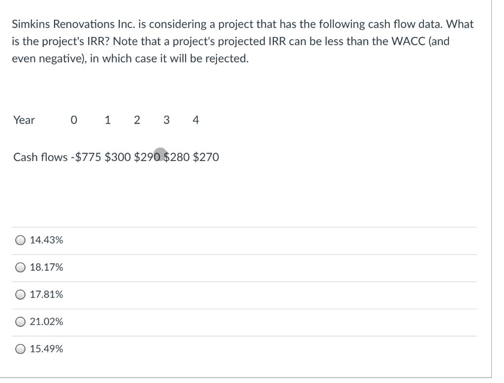 Simkins Renovations Inc Is Considering A Project That Has The Following Cash Flow Data What Is The Project S Irr Note 1