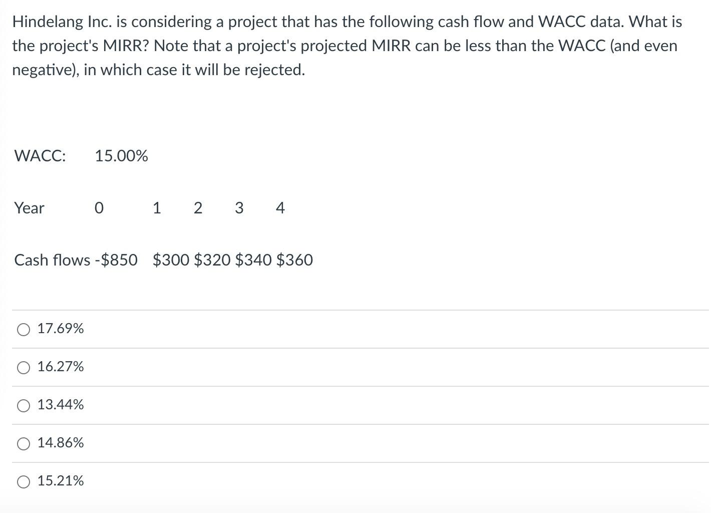 Hindelang Inc Is Considering A Project That Has The Following Cash Flow And Wacc Data What Is The Project S Mirr Note 1