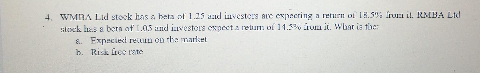 4 Wmba Ltd Stock Has A Beta Of 1 25 And Investors Are Expecting A Return Of 18 5 From It Rmba Ltd Stock Has A Beta Of 1