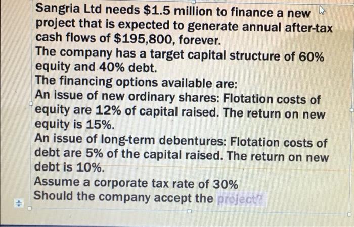 Sangria Ltd Needs 1 5 Million To Finance A New Project That Is Expected To Generate Annual After Tax Cash Flows Of 195 1