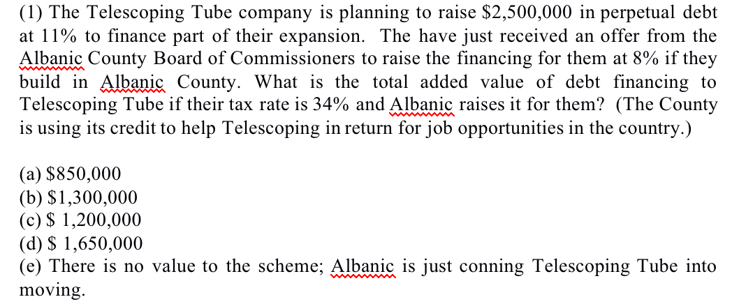 1 The Telescoping Tube Company Is Planning To Raise 2 500 000 In Perpetual Debt At 11 To Finance Part Of Their Expan 1