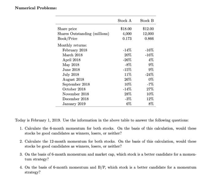 Numerical Problems Stock A 18 00 4 000 0 173 Stock B 12 00 12 000 0 866 Share Price Shares Outstanding Millions Boo 1