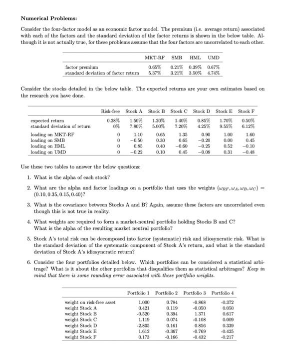 Numerical Problems Consider The Four Factor Model As An Economic Factor Model The Premium I E Average Return Associ 1