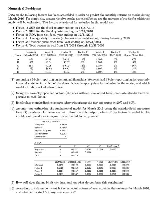 Numerical Problems Data On The Following Factors Has Been Assembled In Order To Predict The Monthly Returns On Stocks D 1