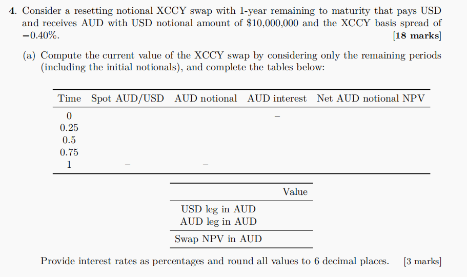 4 Consider A Resetting Notional Xccy Swap With 1 Year Remaining To Maturity That Pays Usd And Receives Aud With Usd Not 1