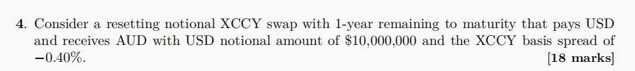 4 Consider A Resetting Notional Xccy Swap With 1 Year Remaining To Maturity That Pays Usd And Receives Aud With Usd Not 1